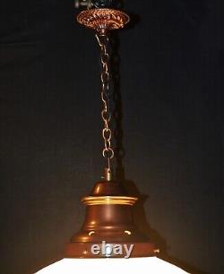 Art deco industrial Opaline glass & chrome pendant schoolhouse light C-1920s