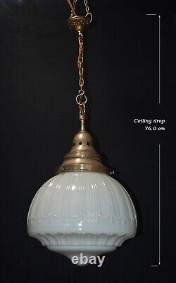 Art deco industrial Opaline glass & chrome pendant schoolhouse light C-1920s