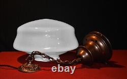 Art deco industrial Opaline glass & chrome pendant schoolhouse light C-1920s