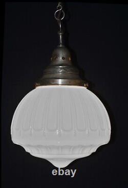 Art deco industrial Opaline glass & chrome pendant schoolhouse light C-1920s