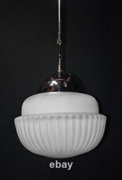 Art deco industrial Opaline glass & chrome pendant schoolhouse light C-1940s