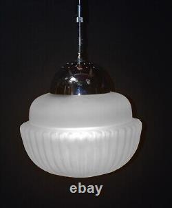 Art deco industrial Opaline glass & chrome pendant schoolhouse light C-1940s