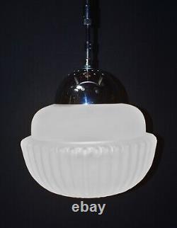 Art deco industrial Opaline glass & chrome pendant schoolhouse light C-1940s