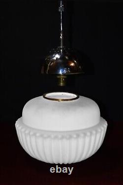 Art deco industrial Opaline glass & chrome pendant schoolhouse light C-1940s