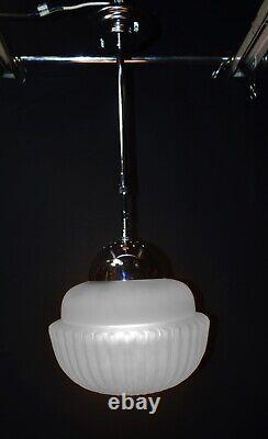 Art deco industrial Opaline glass & chrome pendant schoolhouse light C-1940s