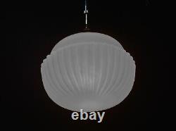Art deco industrial Opaline glass & chrome pendant schoolhouse light C-1940s