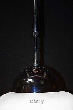 Art deco industrial Opaline glass & chrome pendant schoolhouse light C-1940s