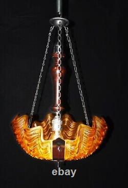 Art deco tinted opalescent glass hand-moulded slip clamshell Odeon pendant light
