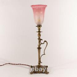 Arts and Crafts Brass Table Lamp with cut glass Cranberry Opaline Glass Shade