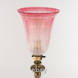 Arts and Crafts Brass Table Lamp with cut glass Cranberry Opaline Glass Shade