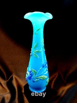 Baccarat French Blue Molded Opaline Glass 10 Vase Polychrome Morning Glory 1890