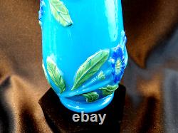 Baccarat French Blue Molded Opaline Glass 10 Vase Polychrome Morning Glory 1890