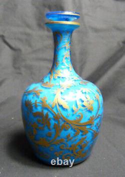 Baccarat Glass Blue Opaline Cased Decanter French Gilt Decoration
