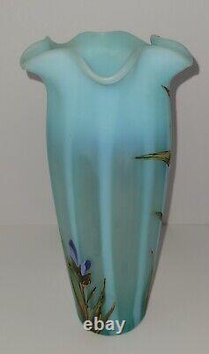 Beautiful Antique Bohemian Hand Painted Opalescent Art Glass Vase Harrach 1354