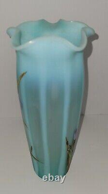 Beautiful Antique Bohemian Hand Painted Opalescent Art Glass Vase Harrach 1354