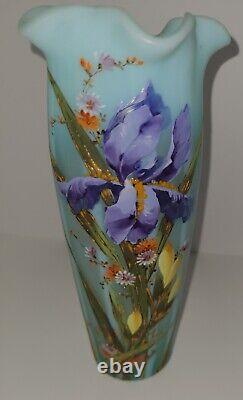 Beautiful Antique Bohemian Hand Painted Opalescent Art Glass Vase Harrach 1354