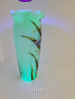 Beautiful Antique Bohemian Hand Painted Opalescent Art Glass Vase Harrach 1354