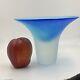 Blue & Opalescent White Glass Vase Bowl Decor Etched Signed 2006 Art Star 6 In