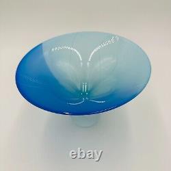 Blue & Opalescent White Glass Vase Bowl Decor Etched Signed 2006 Art Star 6 in