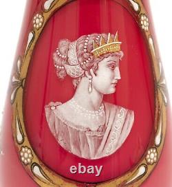 Bohemian Art Glass Vase with Enamel Classical Cameo Portrait Antique c1880