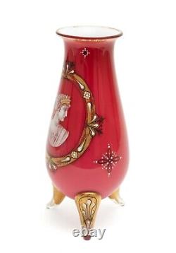 Bohemian Art Glass Vase with Enamel Classical Cameo Portrait Antique c1880