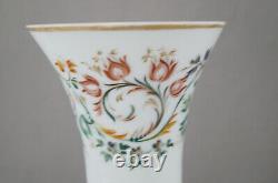 Bohemian Hand Enameled Red Orange & Grey Floral White Opaline & Gold Vase A