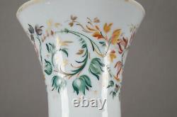 Bohemian Hand Enameled Red Orange & Grey Floral White Opaline & Gold Vase B