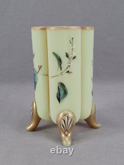 Bohemian Harrach Blue & White Floral & Gold Yellow Green Opaline Glass Vase