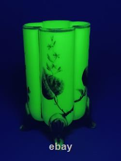 Bohemian Harrach Blue & White Floral & Gold Yellow Green Opaline Glass Vase