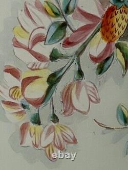 Bohemian Harrach Opaline Glass Hand Painted Enameled Vase Strawberries Butterfly