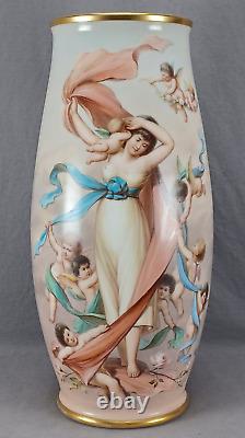 Bohemian Josef Ahne Hand Painted Lady Cherubs & Gold 17 3/4 Inch Opaline Vase