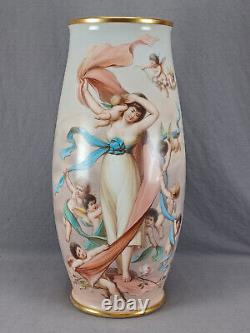 Bohemian Josef Ahne Hand Painted Lady Cherubs & Gold 17 3/4 Inch Opaline Vase