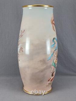 Bohemian Josef Ahne Hand Painted Lady Cherubs & Gold 17 3/4 Inch Opaline Vase