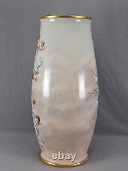 Bohemian Josef Ahne Hand Painted Lady Cherubs & Gold 17 3/4 Inch Opaline Vase