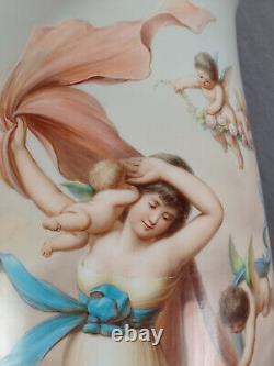 Bohemian Josef Ahne Hand Painted Lady Cherubs & Gold 17 3/4 Inch Opaline Vase