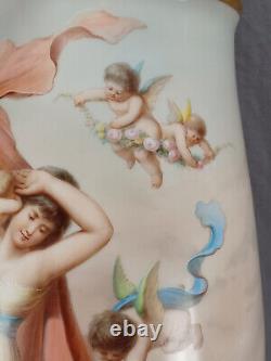 Bohemian Josef Ahne Hand Painted Lady Cherubs & Gold 17 3/4 Inch Opaline Vase