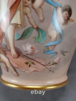 Bohemian Josef Ahne Hand Painted Lady Cherubs & Gold 17 3/4 Inch Opaline Vase