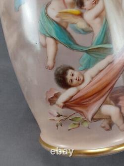 Bohemian Josef Ahne Hand Painted Lady Cherubs & Gold 17 3/4 Inch Opaline Vase