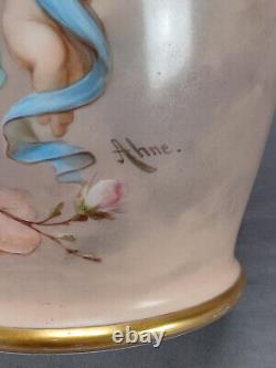 Bohemian Josef Ahne Hand Painted Lady Cherubs & Gold 17 3/4 Inch Opaline Vase