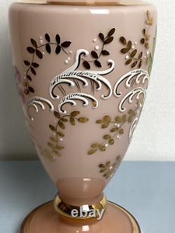 Bohemian Moser Large Vase Pink Opaline & Enamel Flowers Art Glass Gold Plated