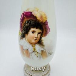 Bohemian Opaline Art Glass Vase Painted & Signed Portrait 9in Antique