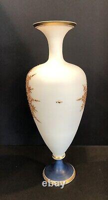 Bohemian White satin opaline glass vase 12h, hand painted