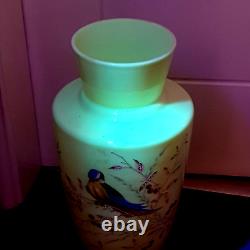 Bohemian harrach opaline Glass painted bluetit large Uranium Vase