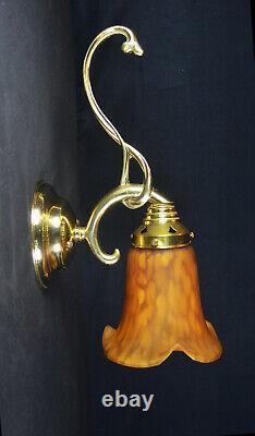 Brass 1950s antique wall light sconce handmade French tinted Opaline glass shade