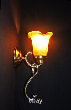 Brass 1950s antique wall light sconce handmade French tinted Opaline glass shade