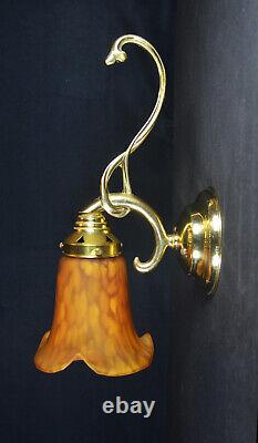 Brass 1950s antique wall light sconce handmade French tinted Opaline glass shade