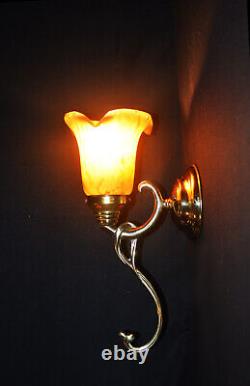 Brass 1950s antique wall light sconce handmade French tinted Opaline glass shade