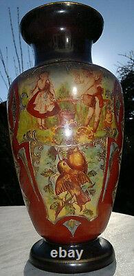C1880 Antique Art Glass Vase Hand Painted CherubLove LetterBird 13.25Tall