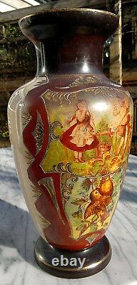 C1880 Antique Art Glass Vase Hand Painted CherubLove LetterBird 13.25Tall