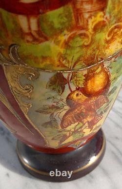 C1880 Antique Art Glass Vase Hand Painted CherubLove LetterBird 13.25Tall